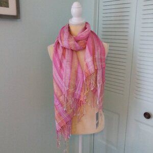 PALME FUSHIA PINKS ORANGE STRIPED LONG SCARF WOVEN METALIC THREADS FRINGE 70x27